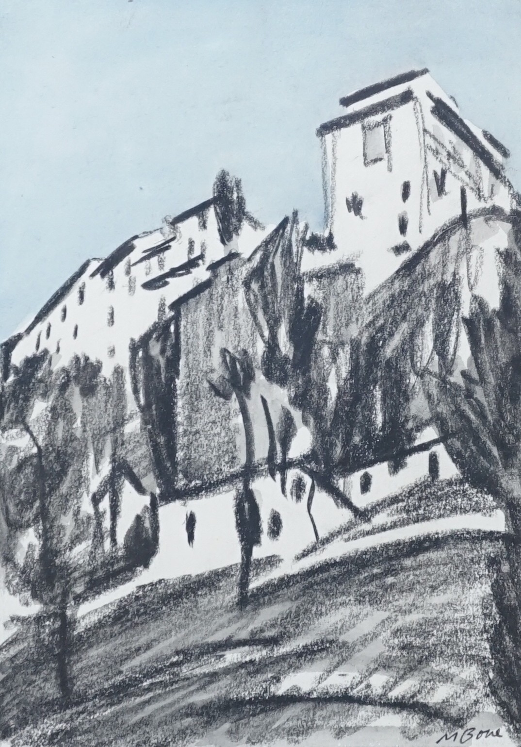 Muirhead Bone (1876-1953), charcoal and watercolour, 'Cuenca No.2.' reproduced on page 118, volume 1, Old Spain by Muirhead and Gertrude Bone, signed, 17 x 12cm